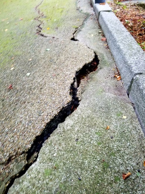 陥没、亀裂が入った歩道